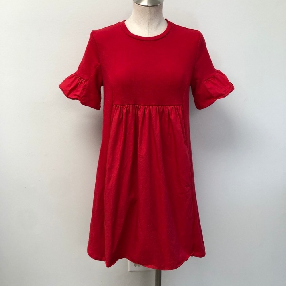 English Factory Mini Dress Womens Small Red Mixed Media Ruffle Sleeve Babydoll